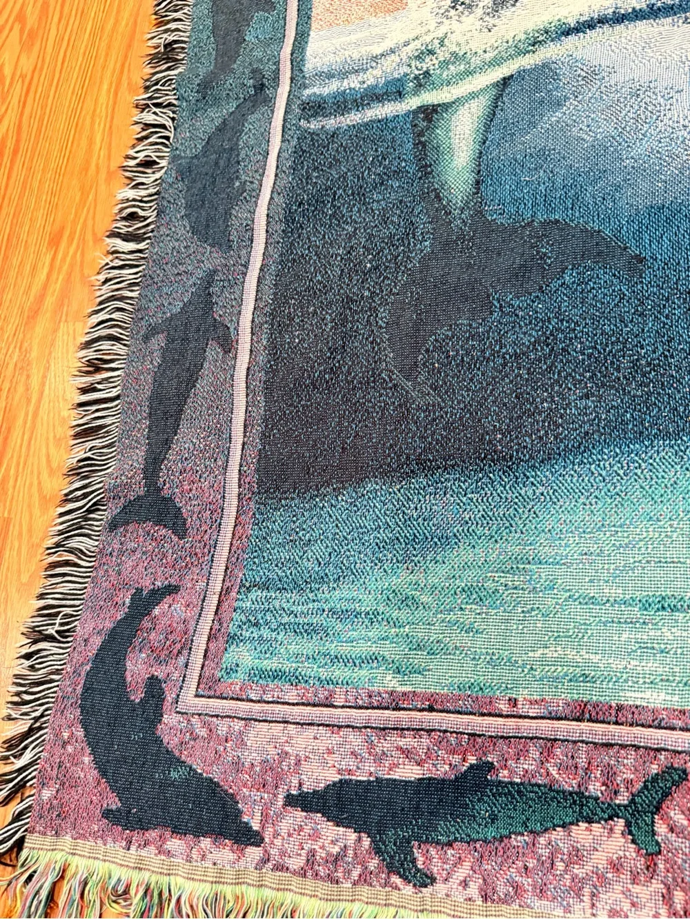 Vintage tapestry Dolphin Coastal Throw Blanket - Teal & Blue 54x48